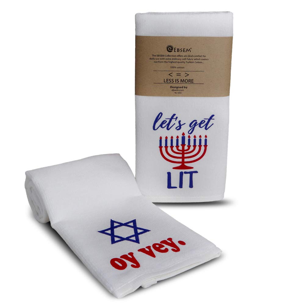 Ebsem Jewish Hand - Dish Towel Set. 2 Kitchen/Bathroom Towels with Flock Printed Designs. Perfect for Housewarming, Valentine's, Mother's Day, Thanksgiving, Birthday & Hanukkah Gift