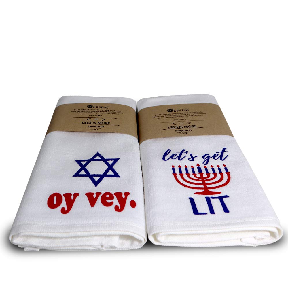Ebsem Jewish Hand - Dish Towel Set. 2 Kitchen/Bathroom Towels with Flock Printed Designs. Perfect for Housewarming, Valentine's, Mother's Day, Thanksgiving, Birthday & Hanukkah Gift