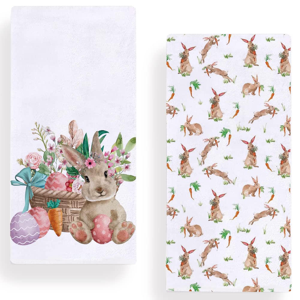 Watercolor Easter Bunny Kitchen Dish Towel 18 x 28 Inch, Spring Summer Flamingo Rabbit Tea Towels Dish Cloth for Cooking Baking Set of 2