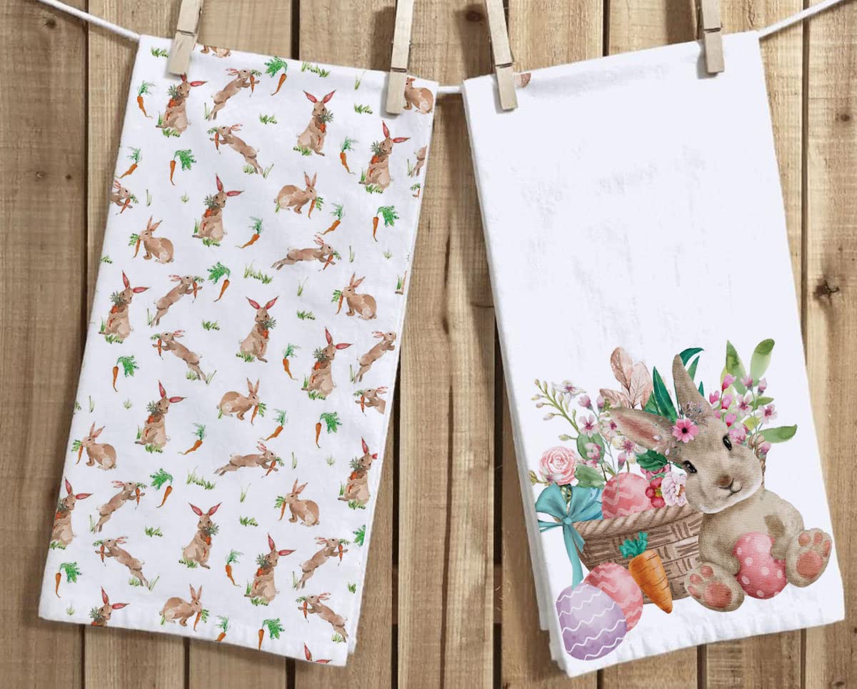 Watercolor Easter Bunny Kitchen Dish Towel 18 x 28 Inch, Spring Summer Flamingo Rabbit Tea Towels Dish Cloth for Cooking Baking Set of 2