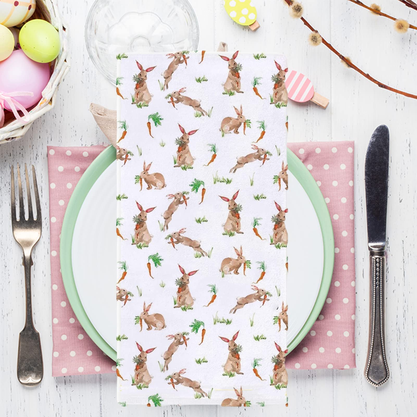 Watercolor Easter Bunny Kitchen Dish Towel 18 x 28 Inch, Spring Summer Flamingo Rabbit Tea Towels Dish Cloth for Cooking Baking Set of 2