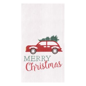 red holiday car hauling tree flour sack christmas kitchen dish towel