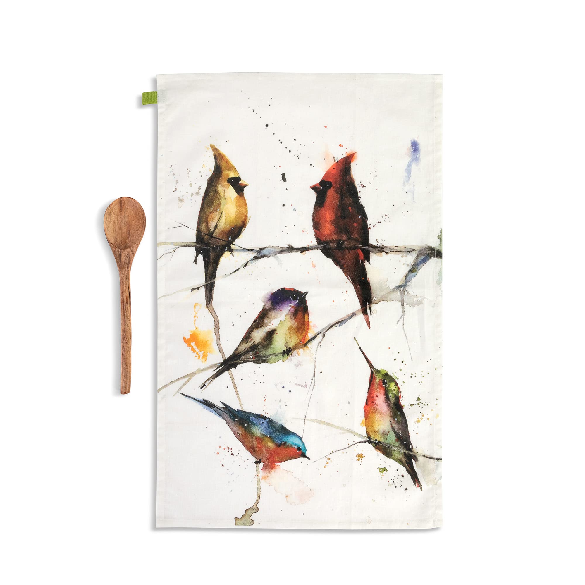 DEMDACO Birds in Tree Watercolor White Cotton Wood Towel and Utensil 2 Piece Set