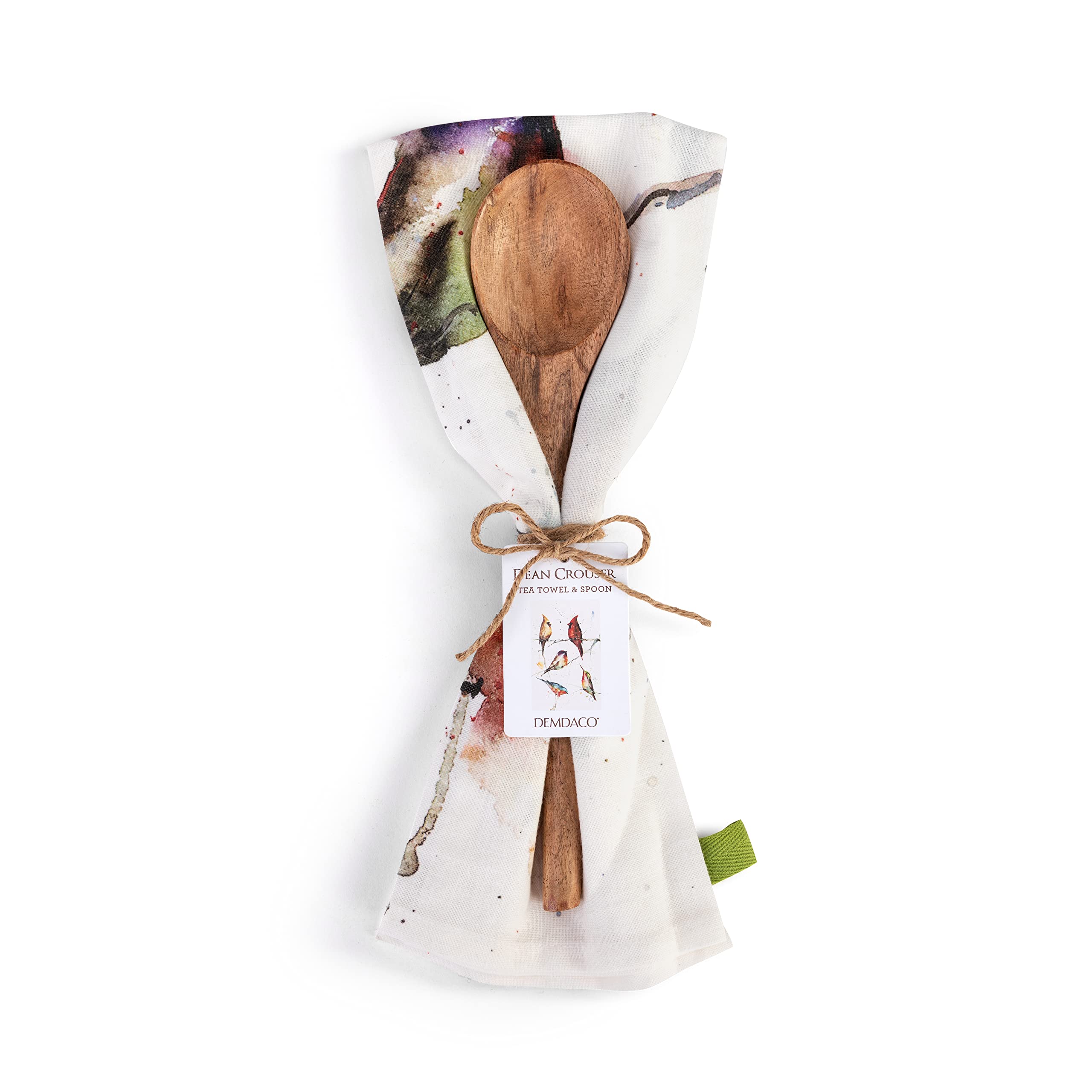 DEMDACO Birds in Tree Watercolor White Cotton Wood Towel and Utensil 2 Piece Set