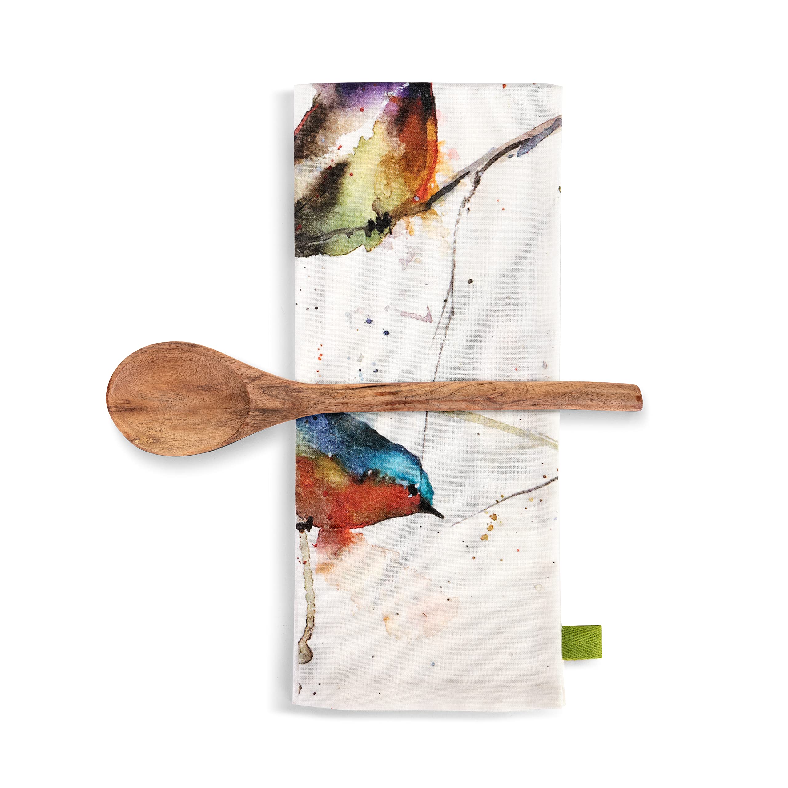 DEMDACO Birds in Tree Watercolor White Cotton Wood Towel and Utensil 2 Piece Set