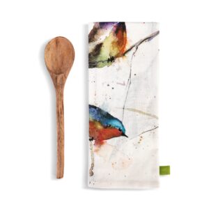 DEMDACO Birds in Tree Watercolor White Cotton Wood Towel and Utensil 2 Piece Set