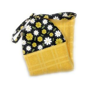 Daisy Daisies White Yellow Green Leaves on Black Ties On Stays Put Kitchen Bathroom Hanging Loop Hand Dish Towel