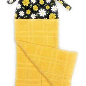 Daisy Daisies White Yellow Green Leaves on Black Ties On Stays Put Kitchen Bathroom Hanging Loop Hand Dish Towel