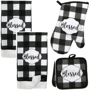 buffalo check decor - kitchen linens - dish towel set (5 pc) classic and blessed black and white buffalo check - kitchen towels - oven mitt - pot holders - kitchen decorations - hand towels