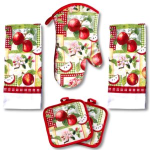 lobyn value packs - 5 piece country kitchen towel set: features red apples on a patchwork quilt, 2 decorative dish towels, 1 oven mitt, and 2 quilted potholders