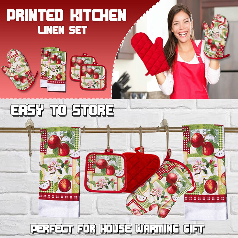 Lobyn Value Packs - 5 Piece Country Kitchen Towel Set: Features Red Apples on a Patchwork Quilt, 2 Decorative Dish Towels, 1 Oven Mitt, and 2 Quilted Potholders