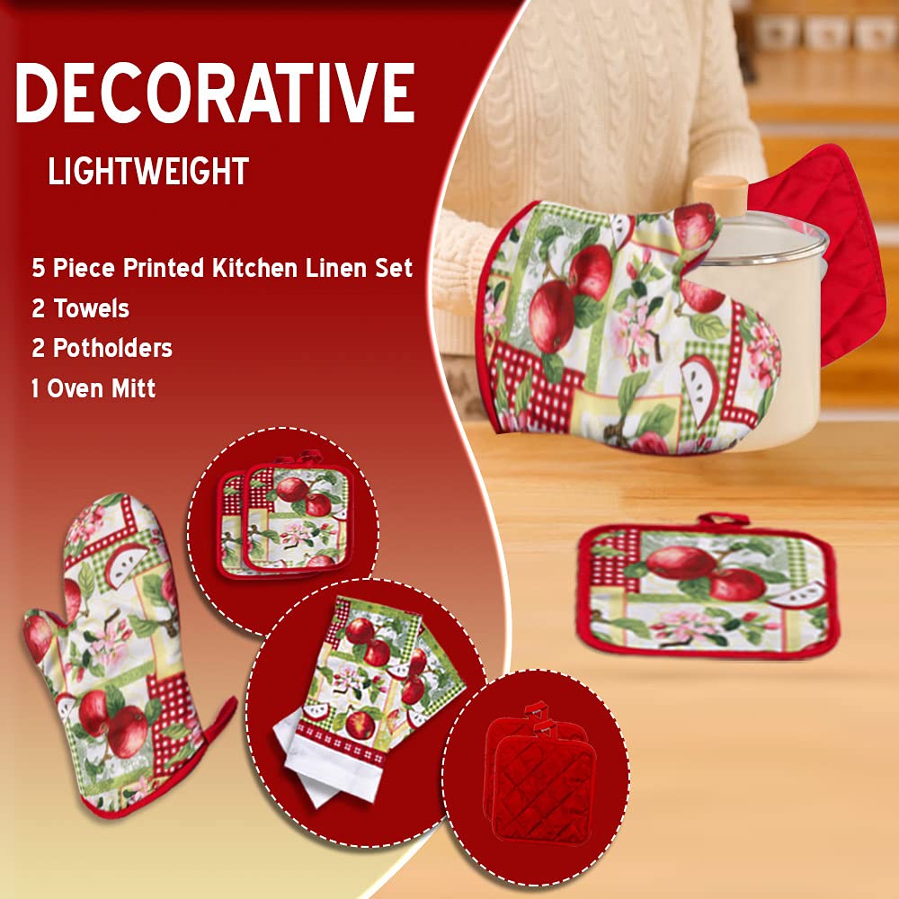 Lobyn Value Packs - 5 Piece Country Kitchen Towel Set: Features Red Apples on a Patchwork Quilt, 2 Decorative Dish Towels, 1 Oven Mitt, and 2 Quilted Potholders