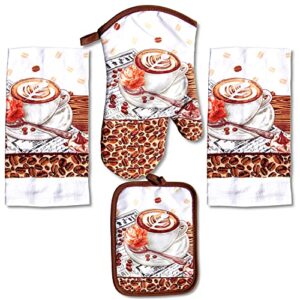 lobyn value packs - 2 coffee kitchen dish towels, matching potholder & oven mitt linen set steaming style for your kitchen decor featuring cafe themes