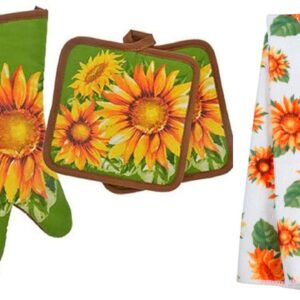 TopNotch Outlet Sunflower Decor - Potholder Towel Linen Set of 4 Pieces Sunflower Design Includes 1 Kitchen Towel 2 Potholders 1 Oven Mitt - Linen Sunflower Set - Kitchen Decor