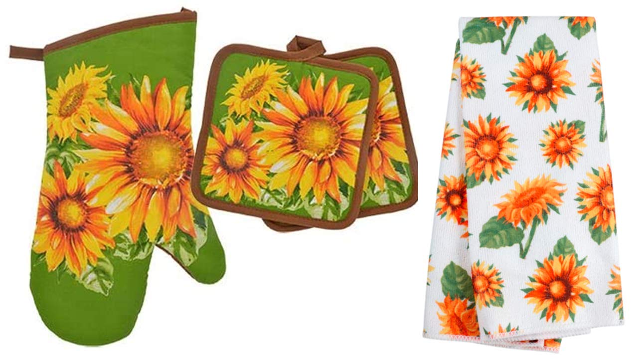 TopNotch Outlet Sunflower Decor - Potholder Towel Linen Set of 4 Pieces Sunflower Design Includes 1 Kitchen Towel 2 Potholders 1 Oven Mitt - Linen Sunflower Set - Kitchen Decor