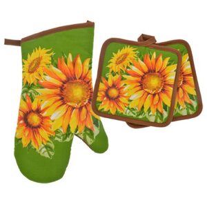 TopNotch Outlet Sunflower Decor - Potholder Towel Linen Set of 4 Pieces Sunflower Design Includes 1 Kitchen Towel 2 Potholders 1 Oven Mitt - Linen Sunflower Set - Kitchen Decor