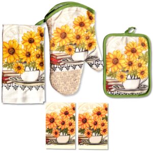 Lobyn Value Packs Decorative and Lightweight Printed Themed Kitchen Linen Towel Sets Perfect for Home Decor (5 Piece, Sunflower)