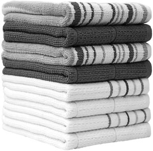 pack of 8 premium kitchen towels set - striped waffle yarn dyed kitchen hand towels - large, 420 gsm, ultra absorbent - dish towels for drying dishes - cotton tea towels - kitchen hand towels - grey