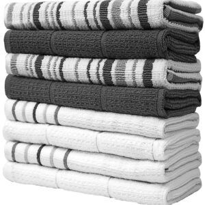 Pack of 8 Premium Kitchen Towels Set - Striped Waffle Yarn Dyed Kitchen Hand Towels - Large, 420 GSM, Ultra Absorbent - Dish Towels for Drying Dishes - Cotton Tea Towels - Kitchen Hand Towels - Grey