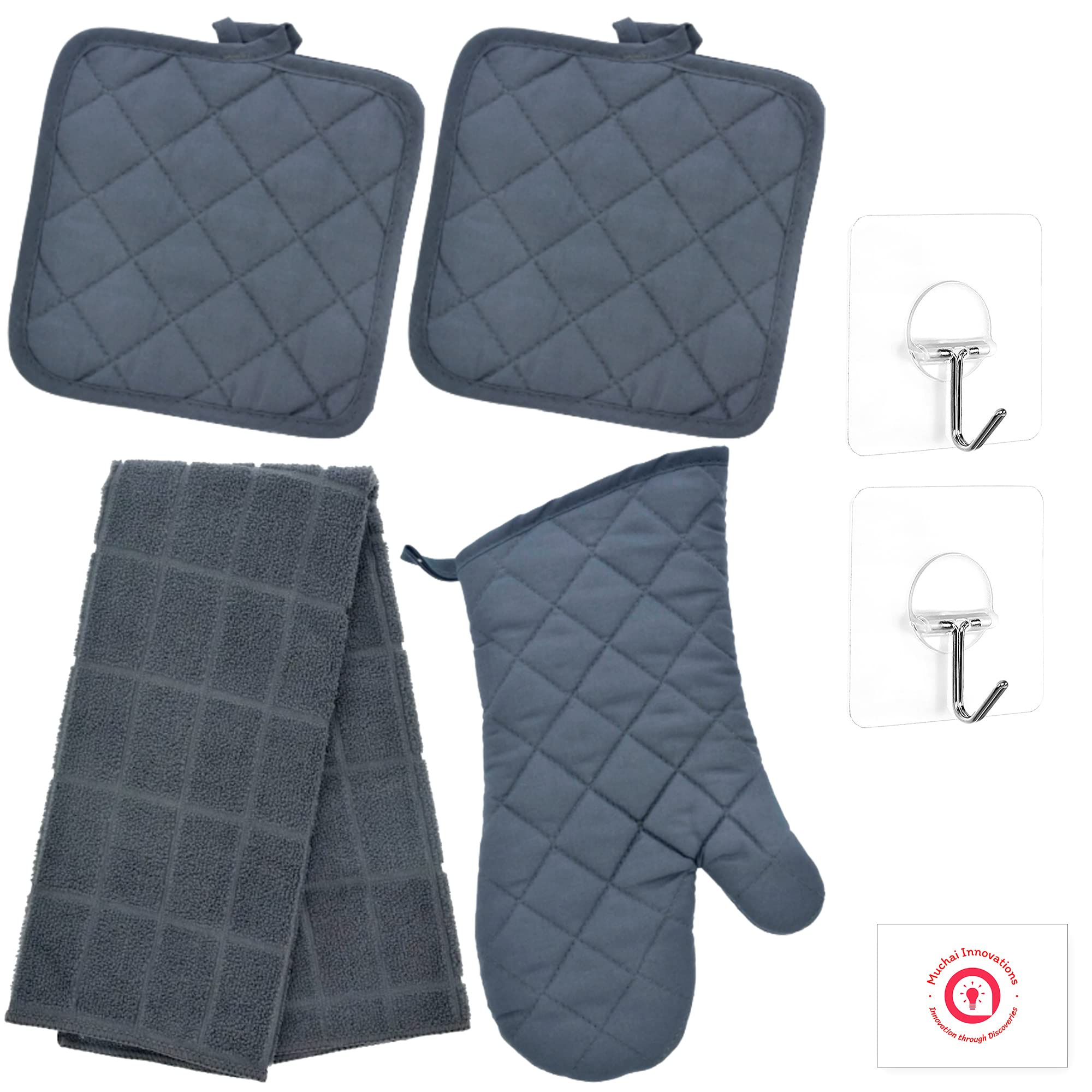 Designer Kitchen Linen Set | Oven Mitt, Soft Absorbent Cotton Towel, & 2 Pot Holder | Lightweight & Decorative for Cooking Baking Housewarming Gift - Heavy Duty Self Adhesive Hook Included (Grey)