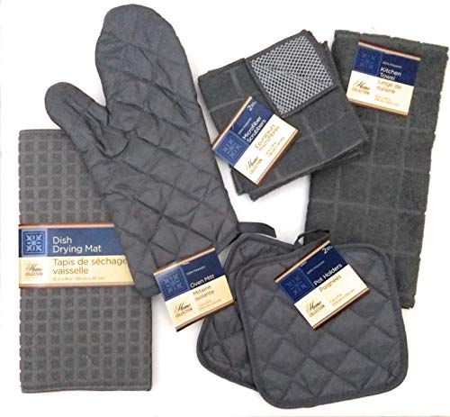 Kitchen Towel Set with 2 Quilted Pot Holders, Oven Mitt, Dish Towel, Dish Drying Mat, 2 Microfiber Scrubbing Dishcloths (Gray)