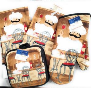 collection italian chef decor 5 piece printed kitchen linen set includes 2 towels 2 pot holders 1 oven mitt