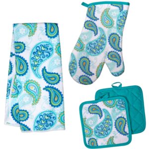 paisley decor - kitchen linen set 4 pc celebrate with these springtime paisley and flower linens - blue sets include kitchen towel 2 potholders 1 oven mitt - potholders - kitchen decor - oven mitts