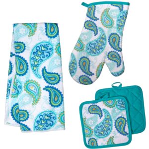 Paisley Decor - Kitchen Linen Set 4 Pc Celebrate with These Springtime Paisley and Flower Linens - Blue Sets Include Kitchen Towel 2 Potholders 1 Oven Mitt - Potholders - Kitchen Decor - Oven Mitts