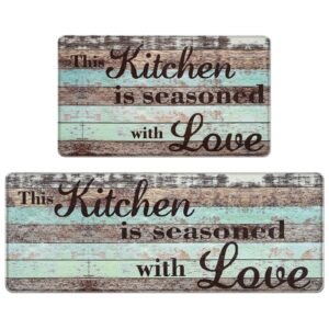 farmhouse kitchen rugs sets of 2, personalized kitchen mats cushioned anti fatigue, wooden kitchen rugs non slip washable, teal kitchen floor mats for in front of sink, 17'' x 47'' + 17'' x 30''