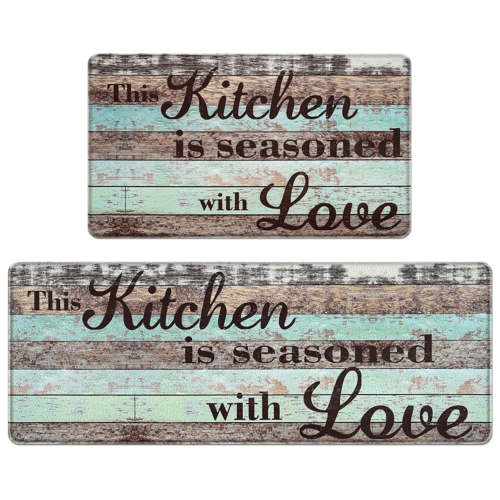 Farmhouse Kitchen Rugs Sets of 2, Personalized Kitchen Mats Cushioned Anti fatigue, Wooden Kitchen Rugs Non Slip Washable, Teal Kitchen Floor Mats for in Front of Sink, 17'' x 47'' + 17'' x 30''