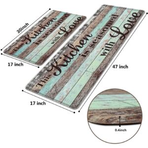 Farmhouse Kitchen Rugs Sets of 2, Personalized Kitchen Mats Cushioned Anti fatigue, Wooden Kitchen Rugs Non Slip Washable, Teal Kitchen Floor Mats for in Front of Sink, 17'' x 47'' + 17'' x 30''