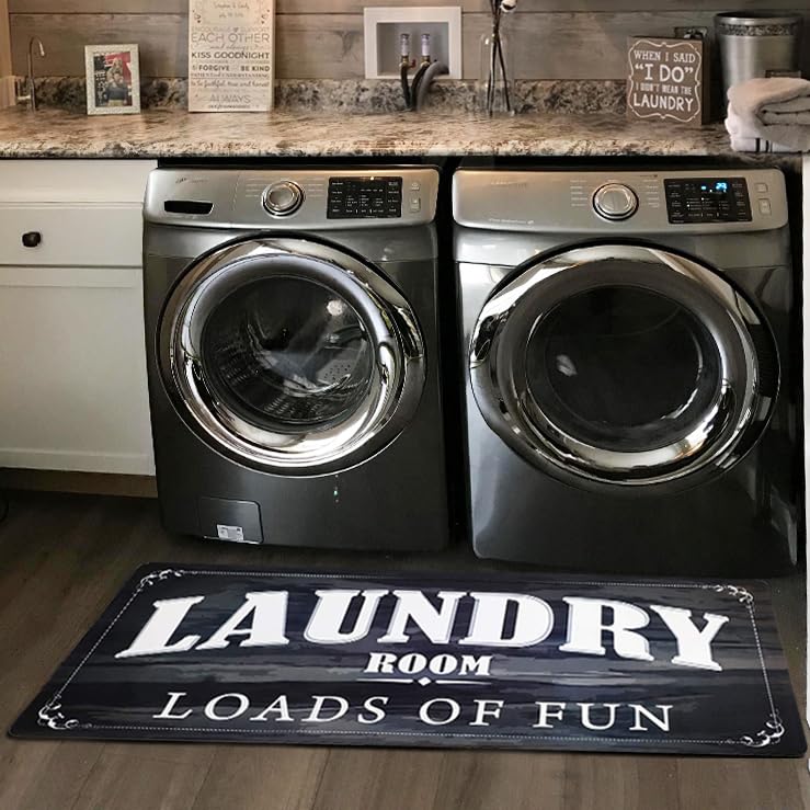 USTIDE Black White Laundry Room Rug Runner, Farmhouse Laundry Foam Mats for Washroom Bathroom Non Skid Kitchen Mat, 20x48, Loads of Fun Decor