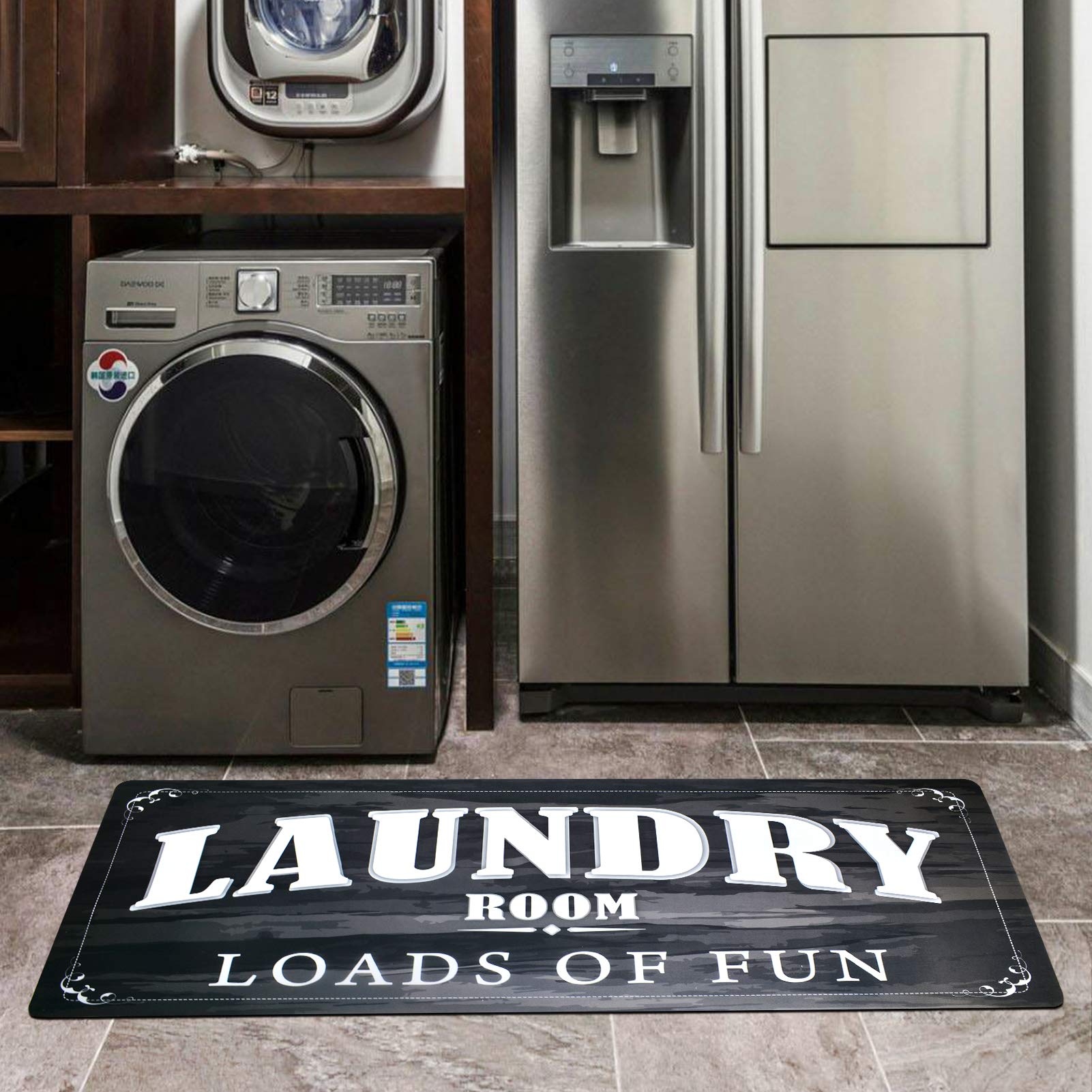 USTIDE Black White Laundry Room Rug Runner, Farmhouse Laundry Foam Mats for Washroom Bathroom Non Skid Kitchen Mat, 20x48, Loads of Fun Decor