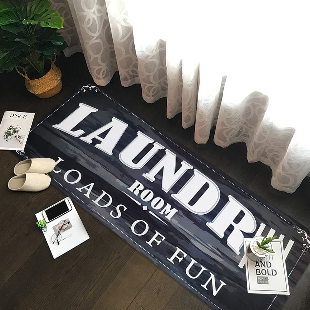 USTIDE Black White Laundry Room Rug Runner, Farmhouse Laundry Foam Mats for Washroom Bathroom Non Skid Kitchen Mat, 20x48, Loads of Fun Decor