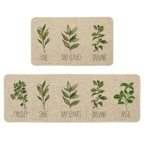 Artoid Mode Parsley Sage Oregano Basil Bay Leaves Decorative Kitchen Mats Set of 2, Seasonal Holiday Party Low-Profile Floor Mat for Home Kitchen - 17x29 and 17x47 Inch