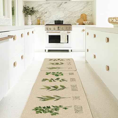 Artoid Mode Parsley Sage Oregano Basil Bay Leaves Decorative Kitchen Mats Set of 2, Seasonal Holiday Party Low-Profile Floor Mat for Home Kitchen - 17x29 and 17x47 Inch