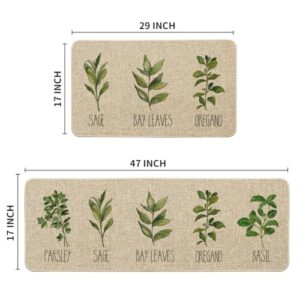 Artoid Mode Parsley Sage Oregano Basil Bay Leaves Decorative Kitchen Mats Set of 2, Seasonal Holiday Party Low-Profile Floor Mat for Home Kitchen - 17x29 and 17x47 Inch