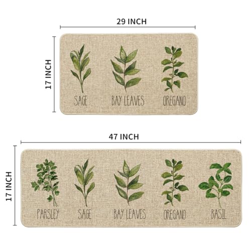 Artoid Mode Parsley Sage Oregano Basil Bay Leaves Decorative Kitchen Mats Set of 2, Seasonal Holiday Party Low-Profile Floor Mat for Home Kitchen - 17x29 and 17x47 Inch