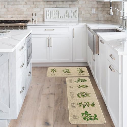 Artoid Mode Parsley Sage Oregano Basil Bay Leaves Decorative Kitchen Mats Set of 2, Seasonal Holiday Party Low-Profile Floor Mat for Home Kitchen - 17x29 and 17x47 Inch