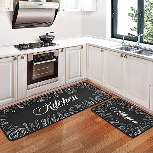 OUXIOAZ 2 PCS Kitchen Rugs and Mats Non Skid Washable Black Kitchen Mat Soft Super Absorbent Anti Fatigue Kitchen Mat Runner Set Doormat Bathroom 17"x47"+17"x30"