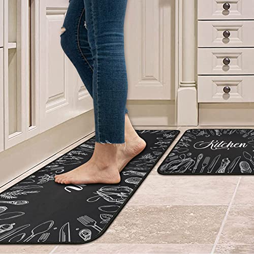 OUXIOAZ 2 PCS Kitchen Rugs and Mats Non Skid Washable Black Kitchen Mat Soft Super Absorbent Anti Fatigue Kitchen Mat Runner Set Doormat Bathroom 17"x47"+17"x30"