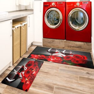 FNLNDO Red Wine Kitchen Rugs and Mats Set of 2 Modern Rose Anti Fatigue Kitchen Floor Mat Non-Skid Washable Kitchen Runner Rug for Kitchen Sink Laundry