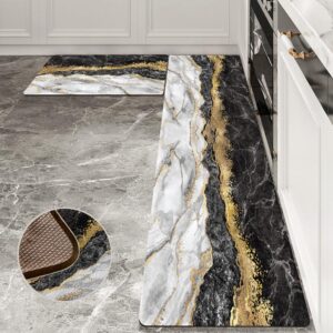 black gold marble kitchen mat and rugs 2 pieces anti fatigue cushioned kitchen floor mat non-slip leather kitchen mats set for home office laundry