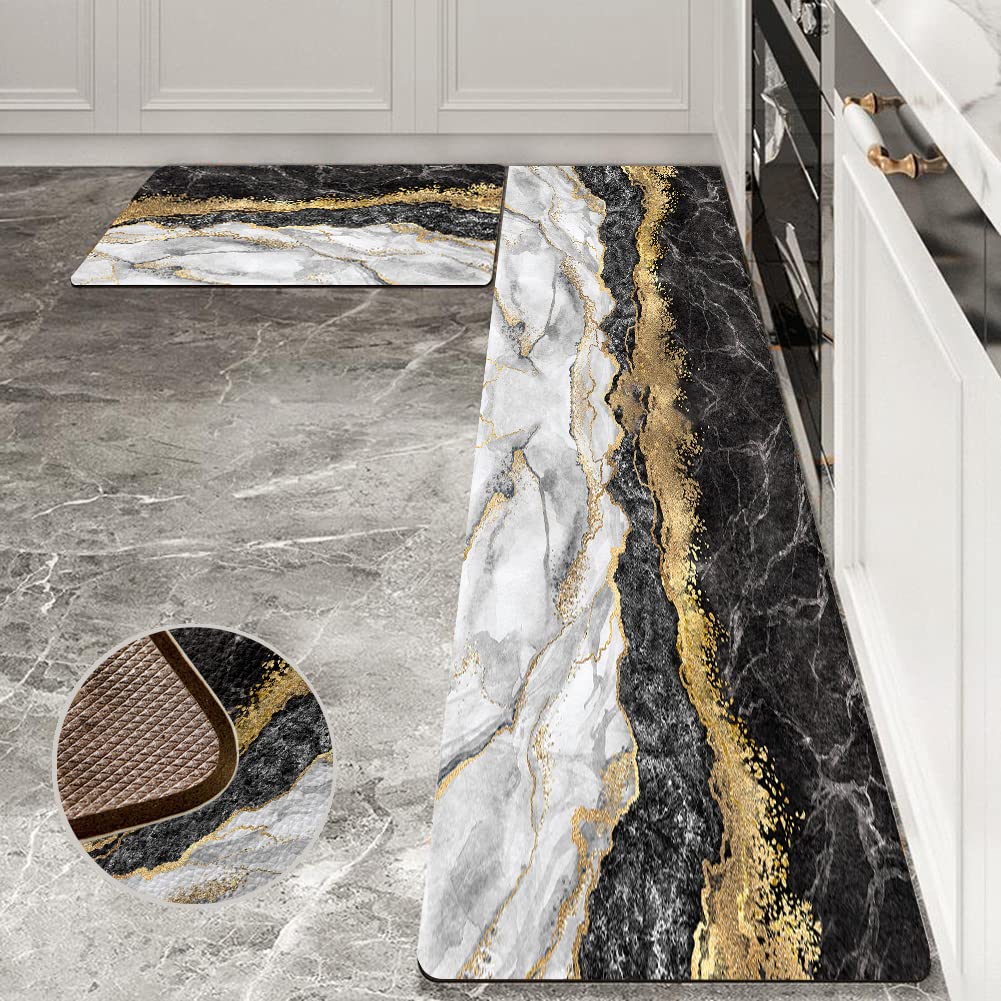 Black Gold Marble Kitchen Mat and Rugs 2 Pieces Anti Fatigue Cushioned Kitchen Floor Mat Non-Slip Leather Kitchen Mats Set for Home Office Laundry