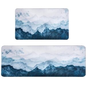 qiyi floor comfort mats 2 pieces kitchen rugs leather waterproof oil proof runner non skid standing mat set anti fatigue padded doormat 17" w x 29" l + 17" w x 47" l - blue white watercolor mountain
