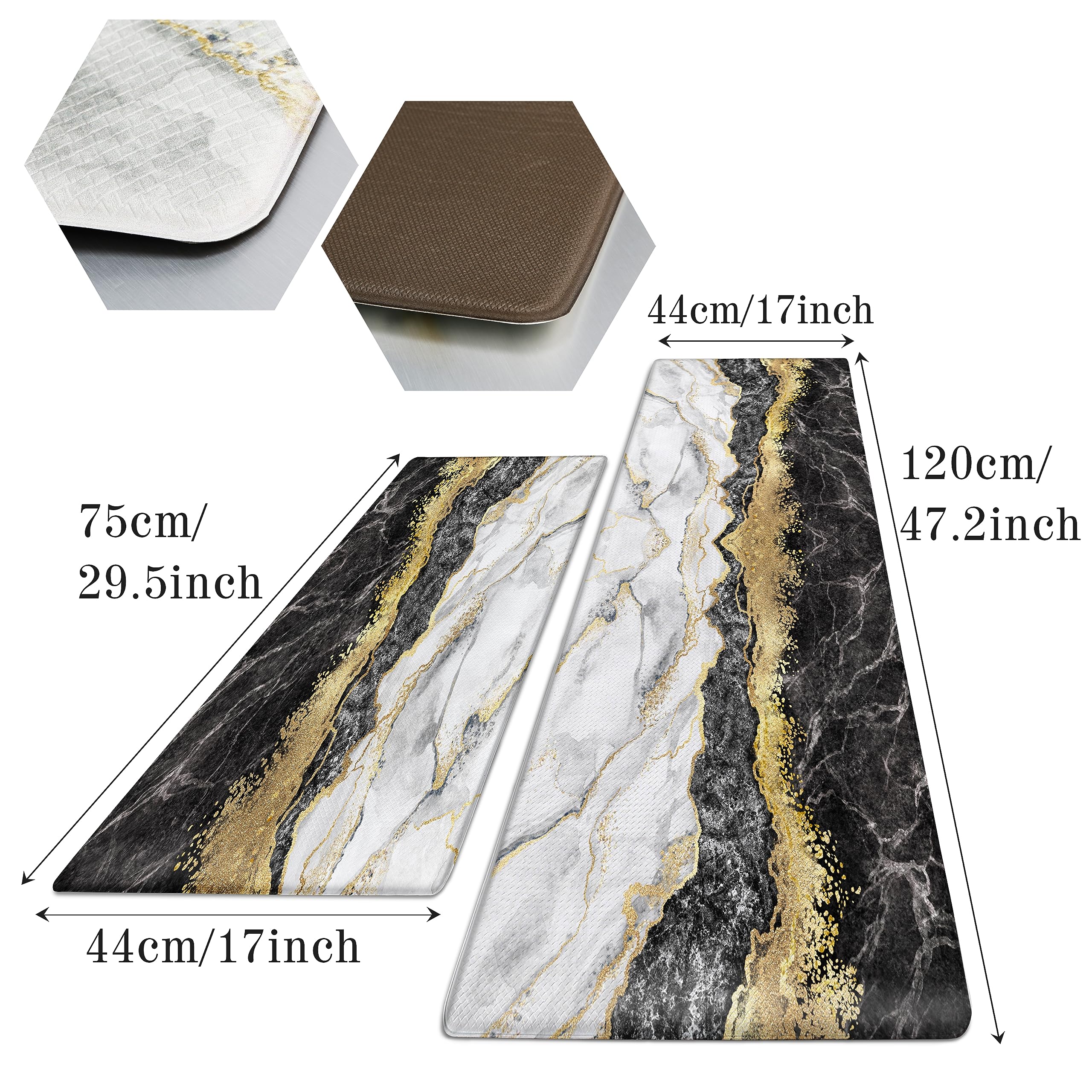 Black Gold Marble Kitchen Mat and Rugs 2 Pieces Anti Fatigue Cushioned Kitchen Floor Mat Non-Slip Leather Kitchen Mats Set for Home Office Laundry