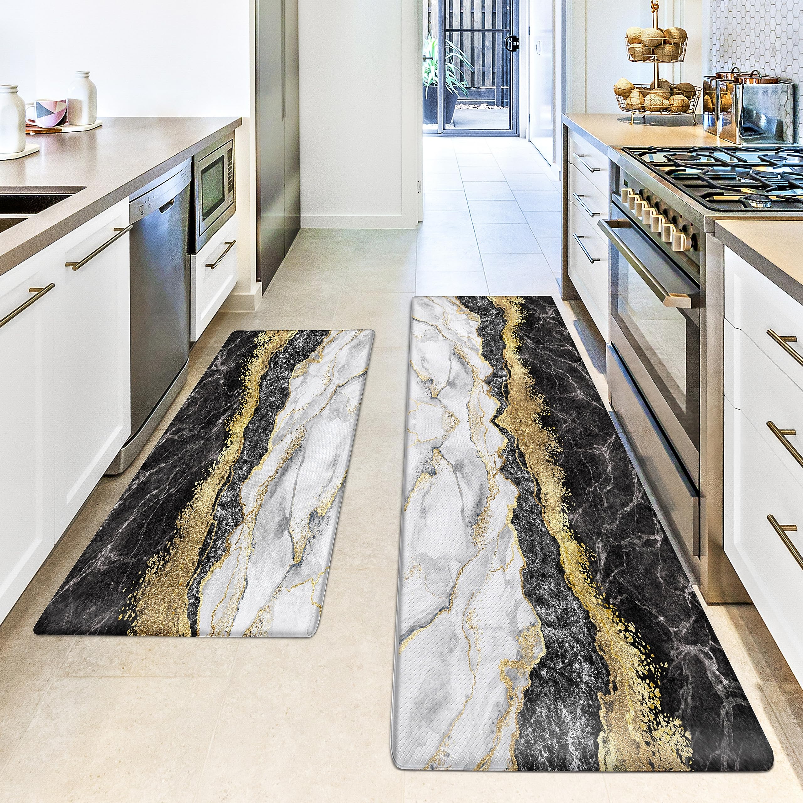Black Gold Marble Kitchen Mat and Rugs 2 Pieces Anti Fatigue Cushioned Kitchen Floor Mat Non-Slip Leather Kitchen Mats Set for Home Office Laundry