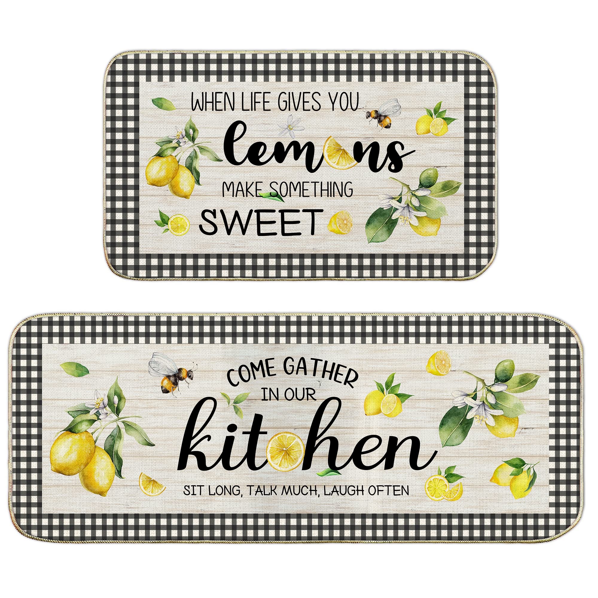 Lemon Kitchen Mat Set of 2, Kitchen Mats for Floor, Farmhouse Lemon Kitchen Rugs and Mats Non Skid Washable, Lemon Kitchen Decor Floor Mats Non Slip, Kitchen Runner Rug Carpet 17x29 and 17x47 Inch