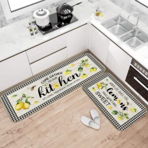 Lemon Kitchen Mat Set of 2, Kitchen Mats for Floor, Farmhouse Lemon Kitchen Rugs and Mats Non Skid Washable, Lemon Kitchen Decor Floor Mats Non Slip, Kitchen Runner Rug Carpet 17x29 and 17x47 Inch