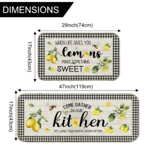 Lemon Kitchen Mat Set of 2, Kitchen Mats for Floor, Farmhouse Lemon Kitchen Rugs and Mats Non Skid Washable, Lemon Kitchen Decor Floor Mats Non Slip, Kitchen Runner Rug Carpet 17x29 and 17x47 Inch